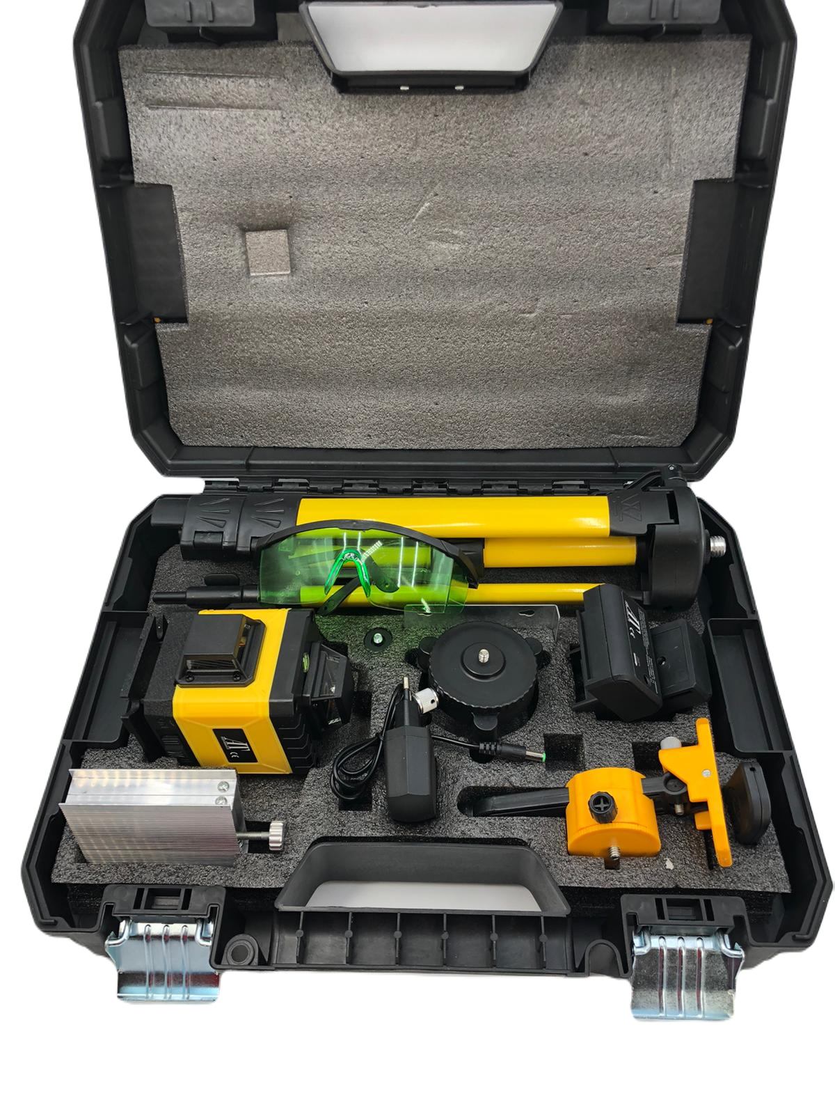 Nivel laser 4D cu 16 linii, AT PERFORMANCE®, 360°, Platforma de ridicare, cu autonivelare, Telecomanda, Lumina verde, Trepied 150 cm, Negru/GALBEN.